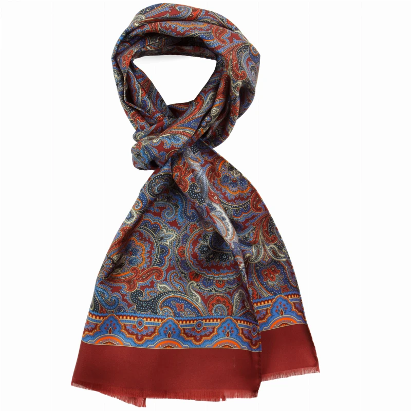 Thin burgundy silk scarf with a paisley pattern