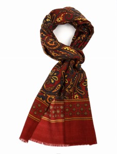 Dark red wool scarf with an acanthus pattern in brown, yellow, and graphite colors