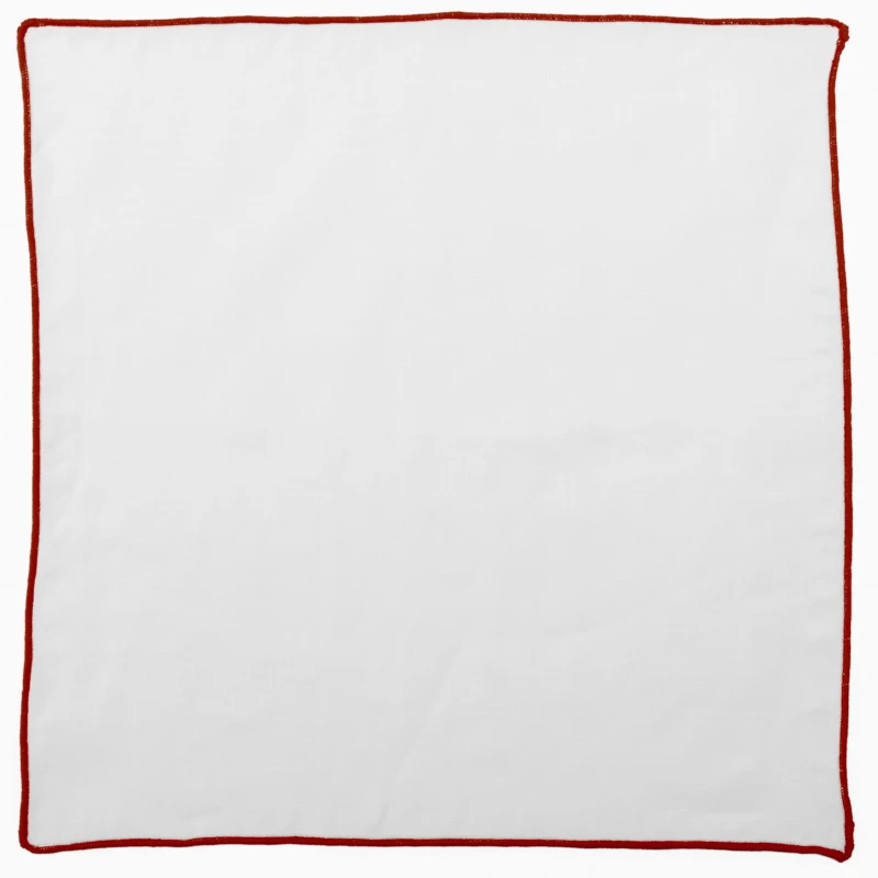 White linen pocket square with a burgundy border
