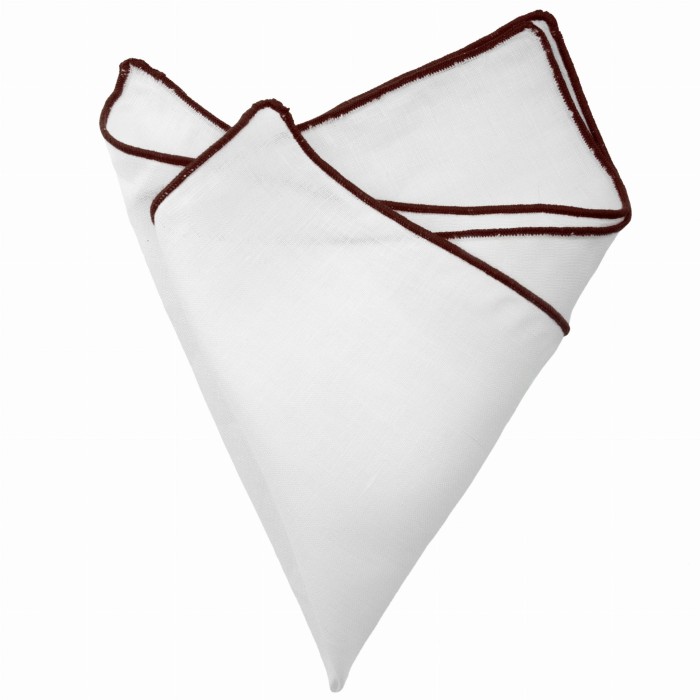 White linen pocket square with a dark burgundy border