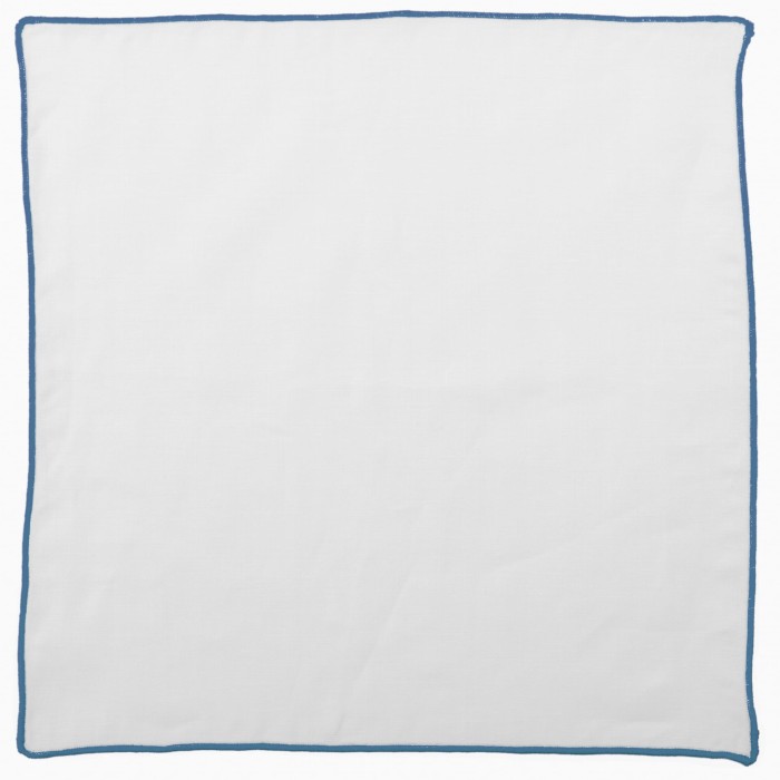 White linen pocket square with a light blue border