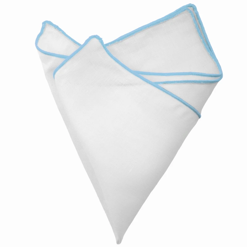 White linen pocket square with light blue border