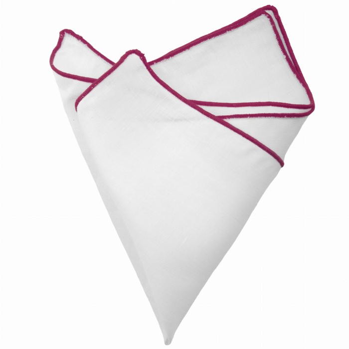 White linen pocket square with a magenta border