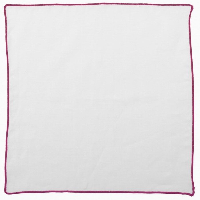 White linen pocket square with a magenta border