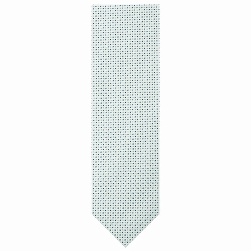 Silvery tie with a small gray and navy blue pattern
