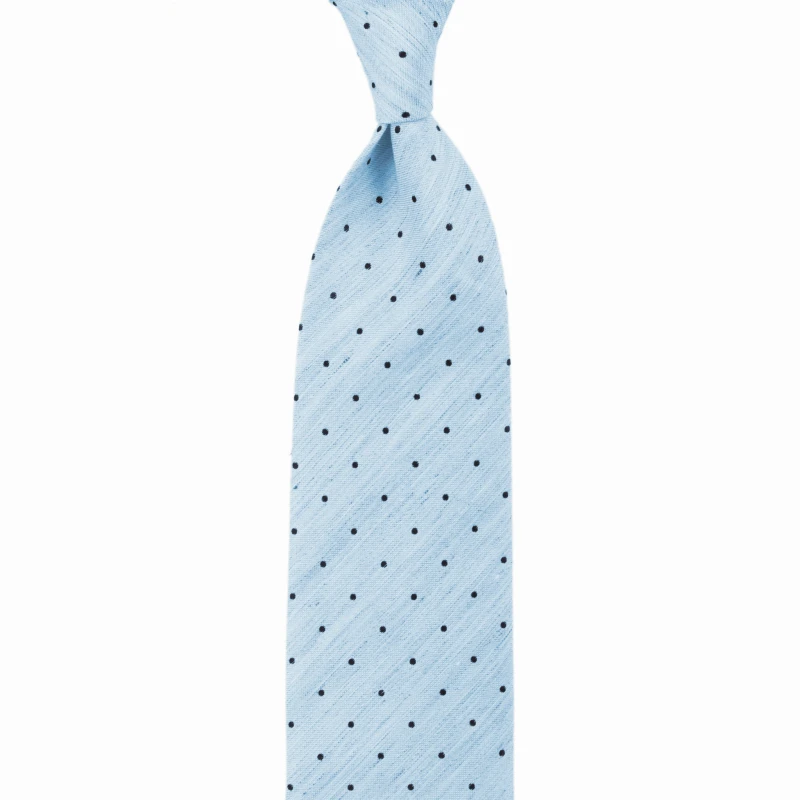 Light blue silk and linen tie with polka dots