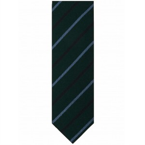 Bottle green cashmere tie with regular blue and navy blue stripes
