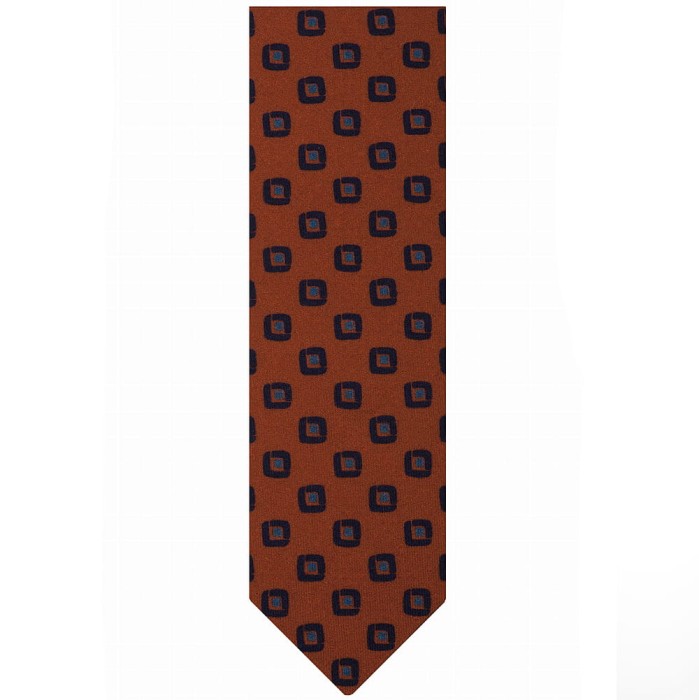 Dark orange printed wool necktie with stylized squares