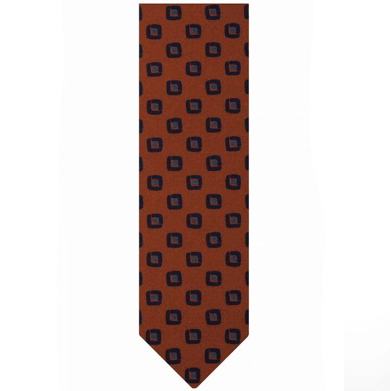Dark orange printed wool necktie with stylized squares