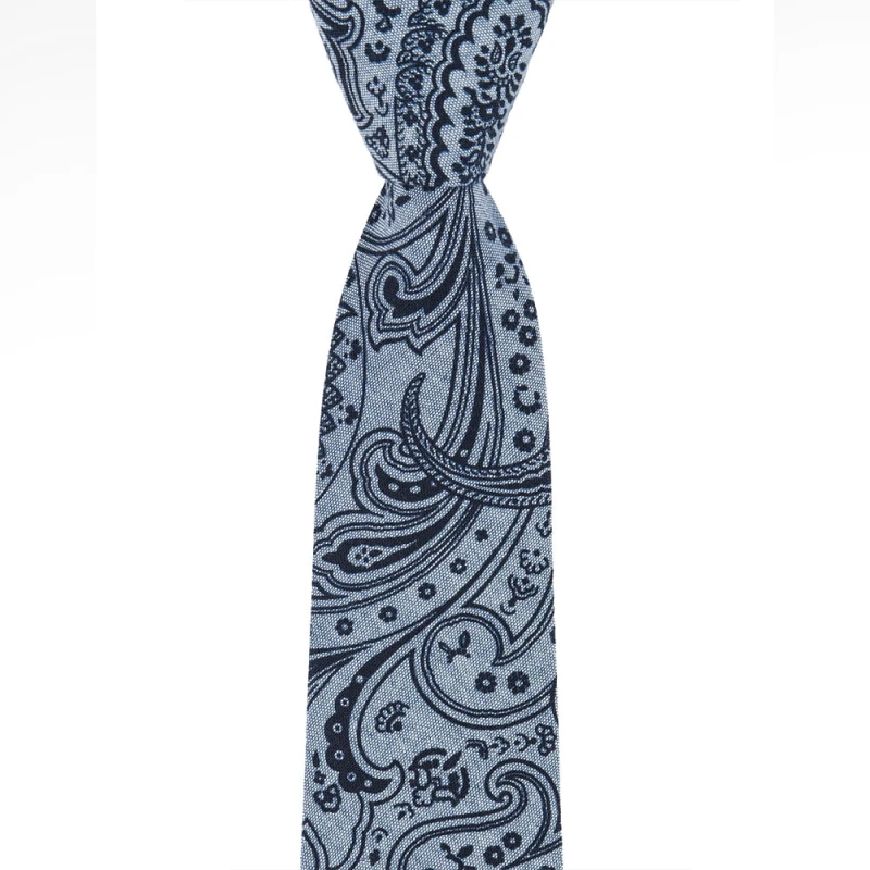 Blue cotton tie with navy oriental pattern