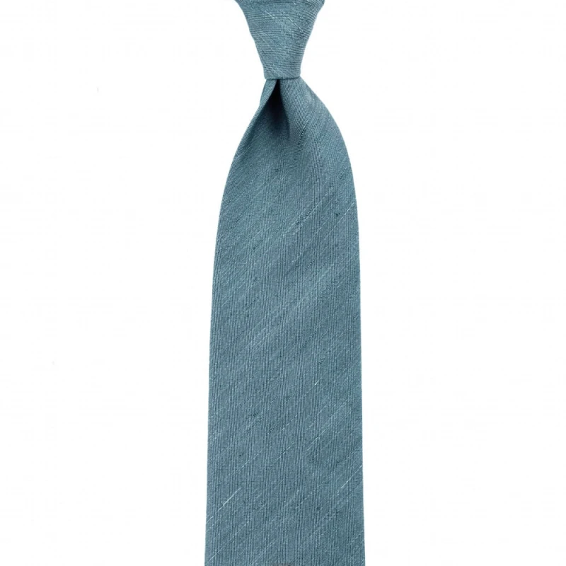 Niebieski jedwabno-lniany krawat , jednolity, model 3fold