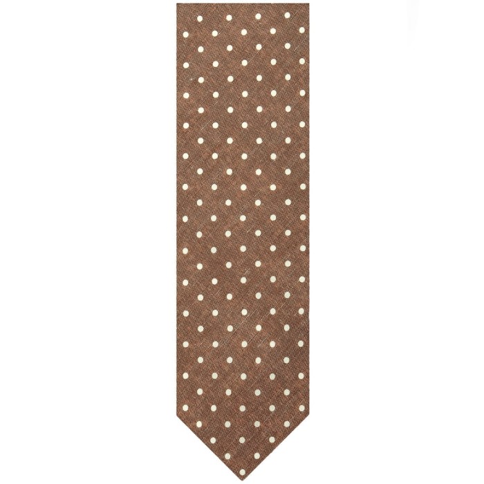 Brown tie with small white dots. Fabric - printed silk-linen blend.