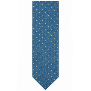 Blue tie made of a mixture of silk and linen with yellow polka dots
