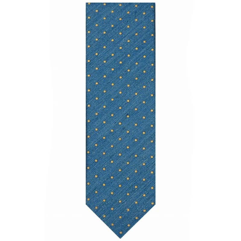 Blue tie made of a mixture of silk and linen with yellow polka dots