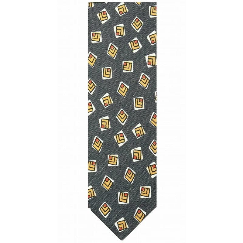 Navy blue-gray tie. Material - printed mixed silk with linen.With multicolored geometrical design