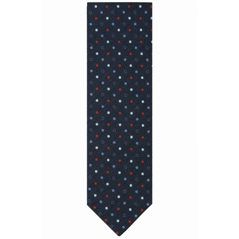 Navy blue tie with colored dots. Material - printed mixed silk with linen