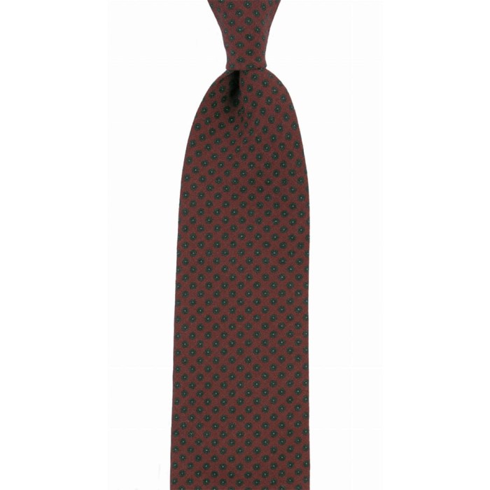 Red woolen tie with a small green and navy blue pattern