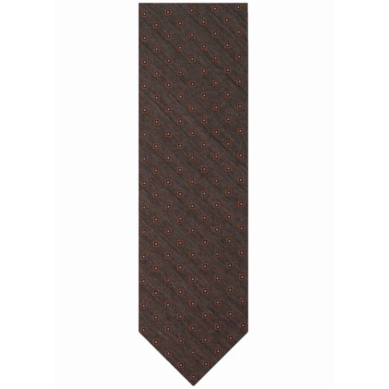Brown jacquard silk tie with regularly placed small squares in brick colour