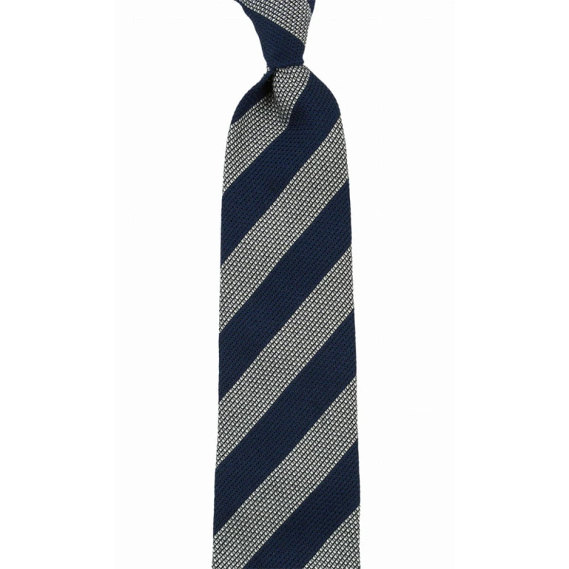 Silk grenadine tie with wide navy blue and white stripes