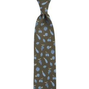 Olive silk tie with fruit and vegetable pattern
