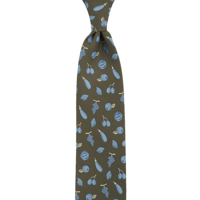 Olive silk tie with fruit and vegetable pattern