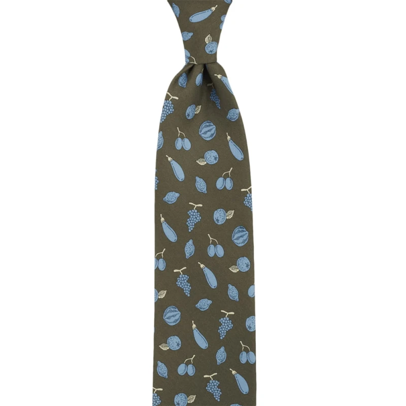 Olive silk tie with fruit and vegetable pattern