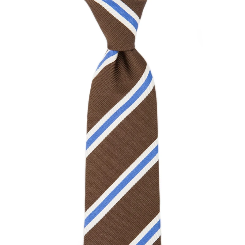 Brown silk tie with blue and white stripes