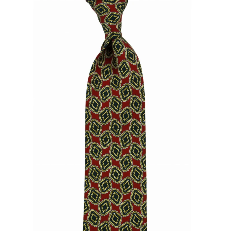 Burgundy silk tie with yellow-navy rosettes