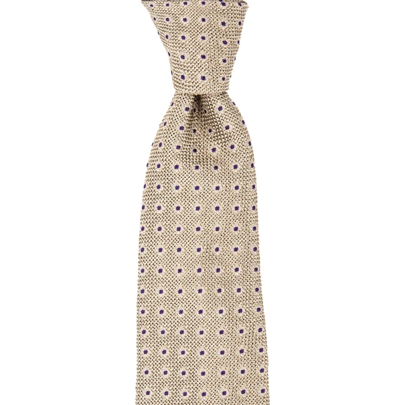 Beige grenadine tie with purple polka dots