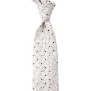 White grenadine silk tie with navy blue polka dots
