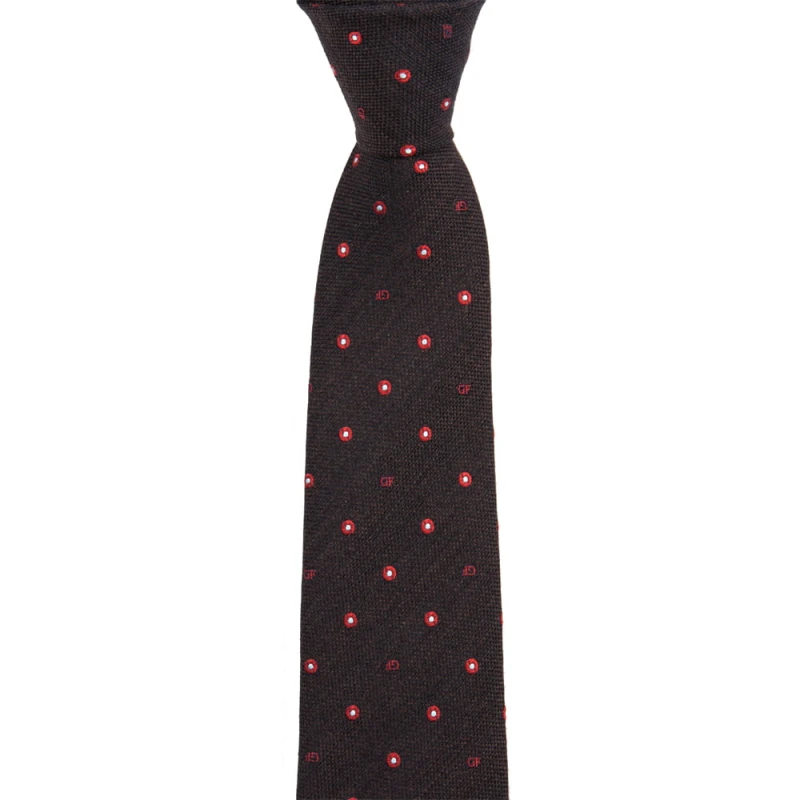 Dark brown tie with red polka dots and monograms by Gianfranco Ferré
