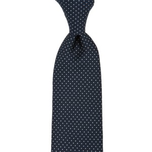 Dark navy tie printed in white polka dots