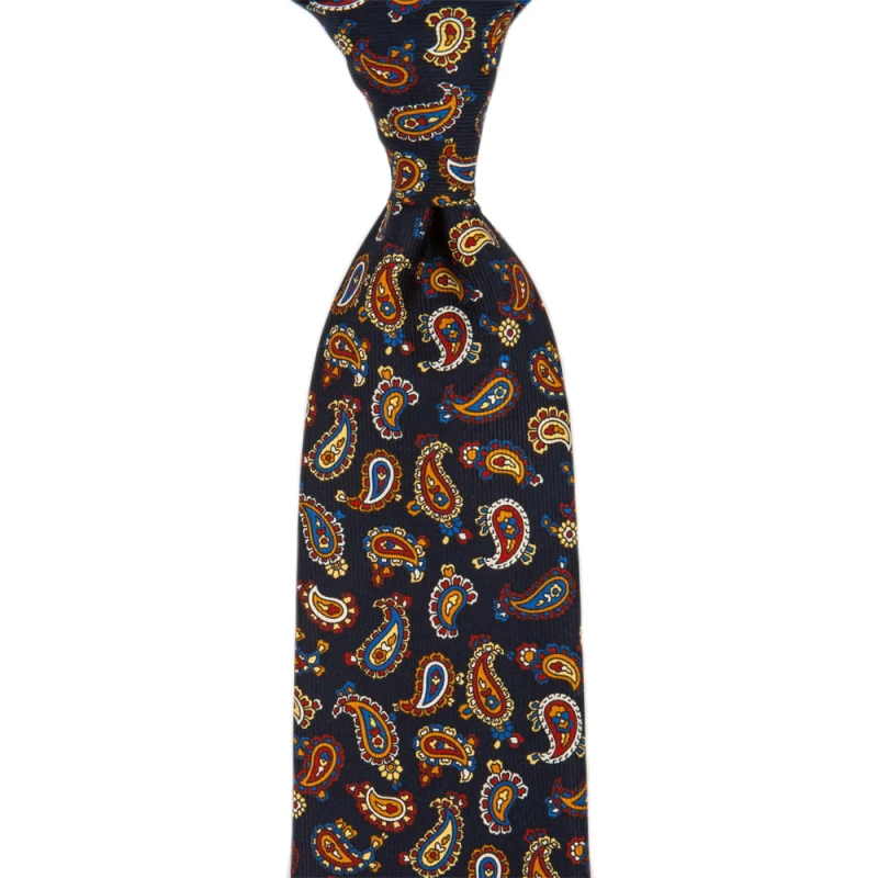 Dark navy silk tie with a golden paisley pattern