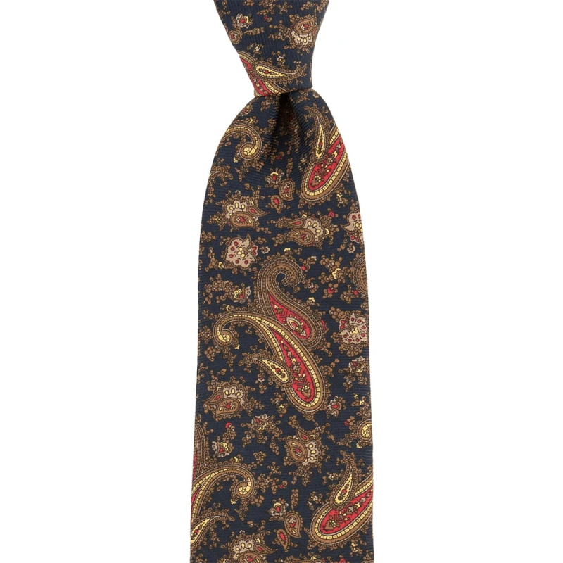 Dark navy blue silk tie with gold and red paisley