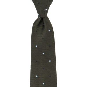 Dark olive silk tie with blue and black polka dots