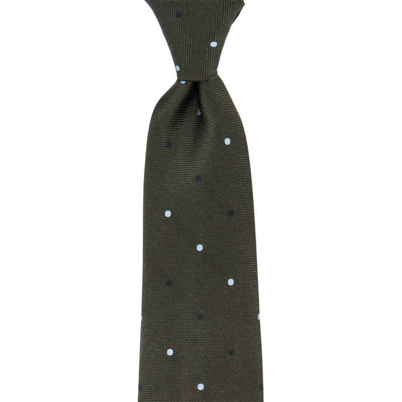 Dark olive silk tie with blue and black polka dots