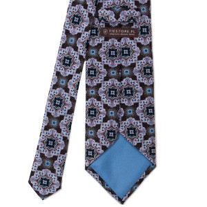 Czarny jedwabny krawat w jasnofioletowe medaliony, 3fold lining-tipped
