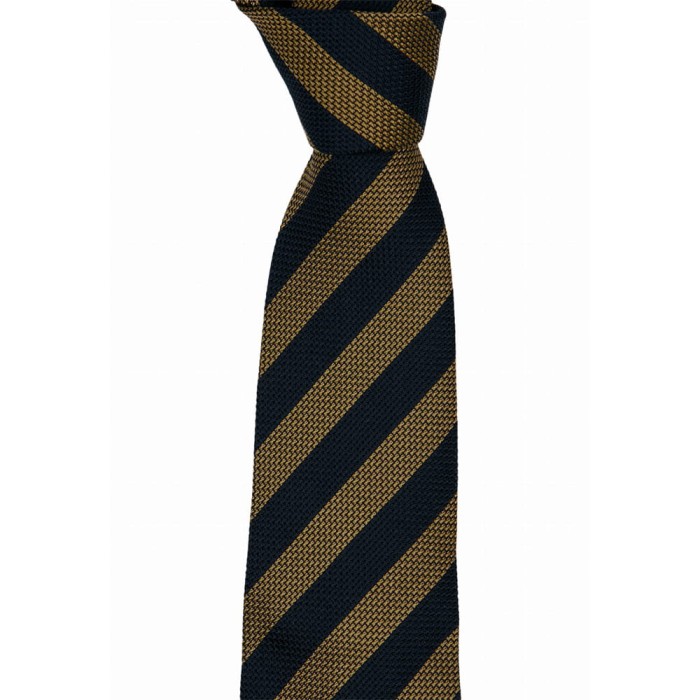 Dark navy blue grenadine tie with gold stripes