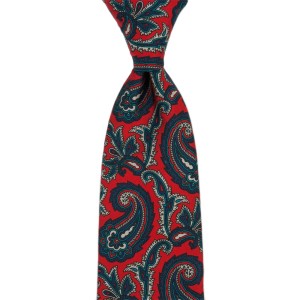 Red silk tie with navy paisley pattern