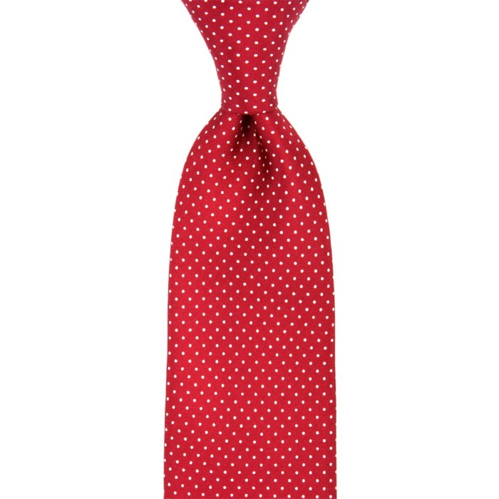 Red silk tie with fine white polka dots
