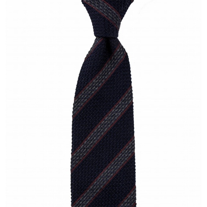Dark navy blue grenadine tie with gray and burgundy stripes