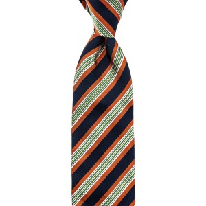 Navy blue silk tie with orange-green stripes