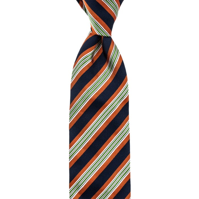 Navy blue silk tie with orange-green stripes