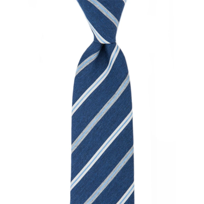 Navy blue silk tie with blue, white and gray stripes