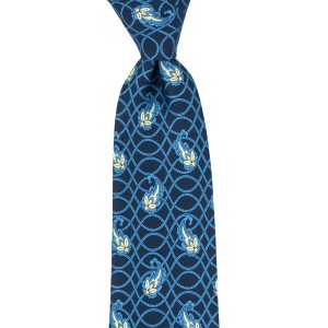 Navy blue silk tie with a blue and yellow floral ornament
