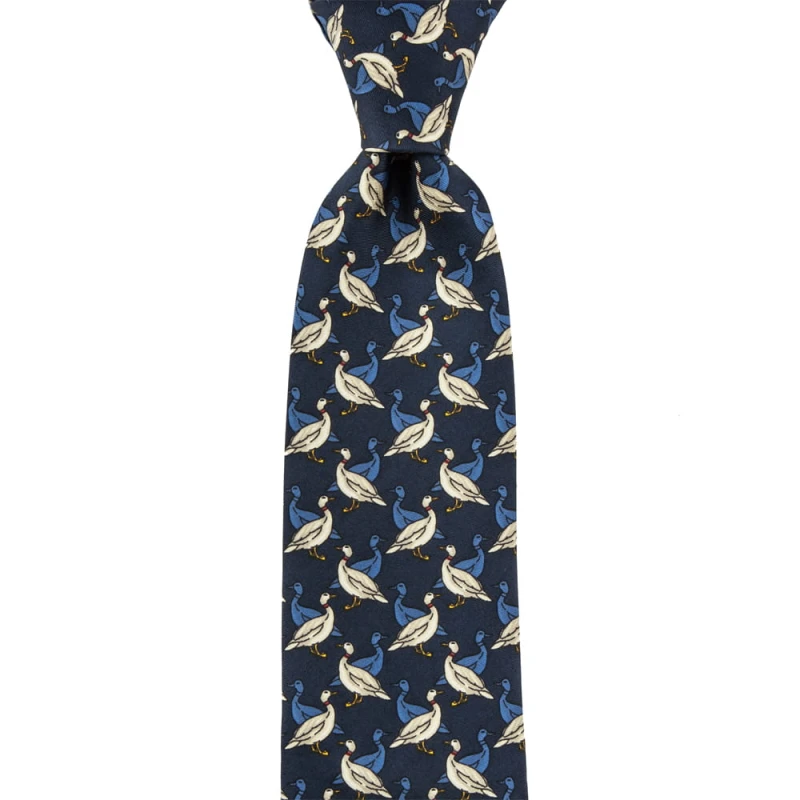 Navy blue silk tie with duck pattern