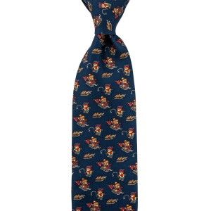 Navy blue silk tie with sledding bears pattern