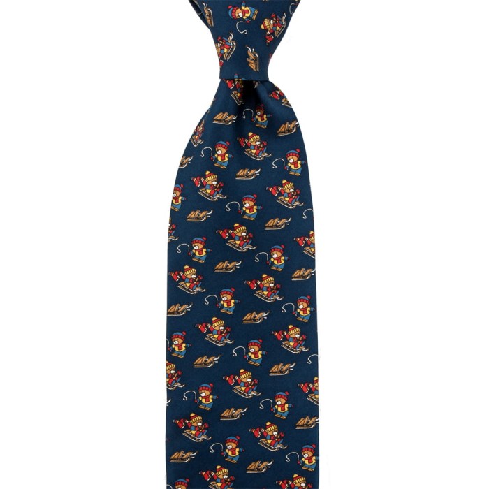Navy blue silk tie with sledding bears pattern