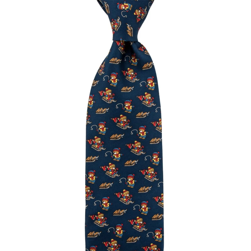 Navy blue silk tie with sledding bears pattern