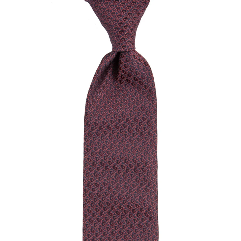 Navy blue silk tie with a red pattern